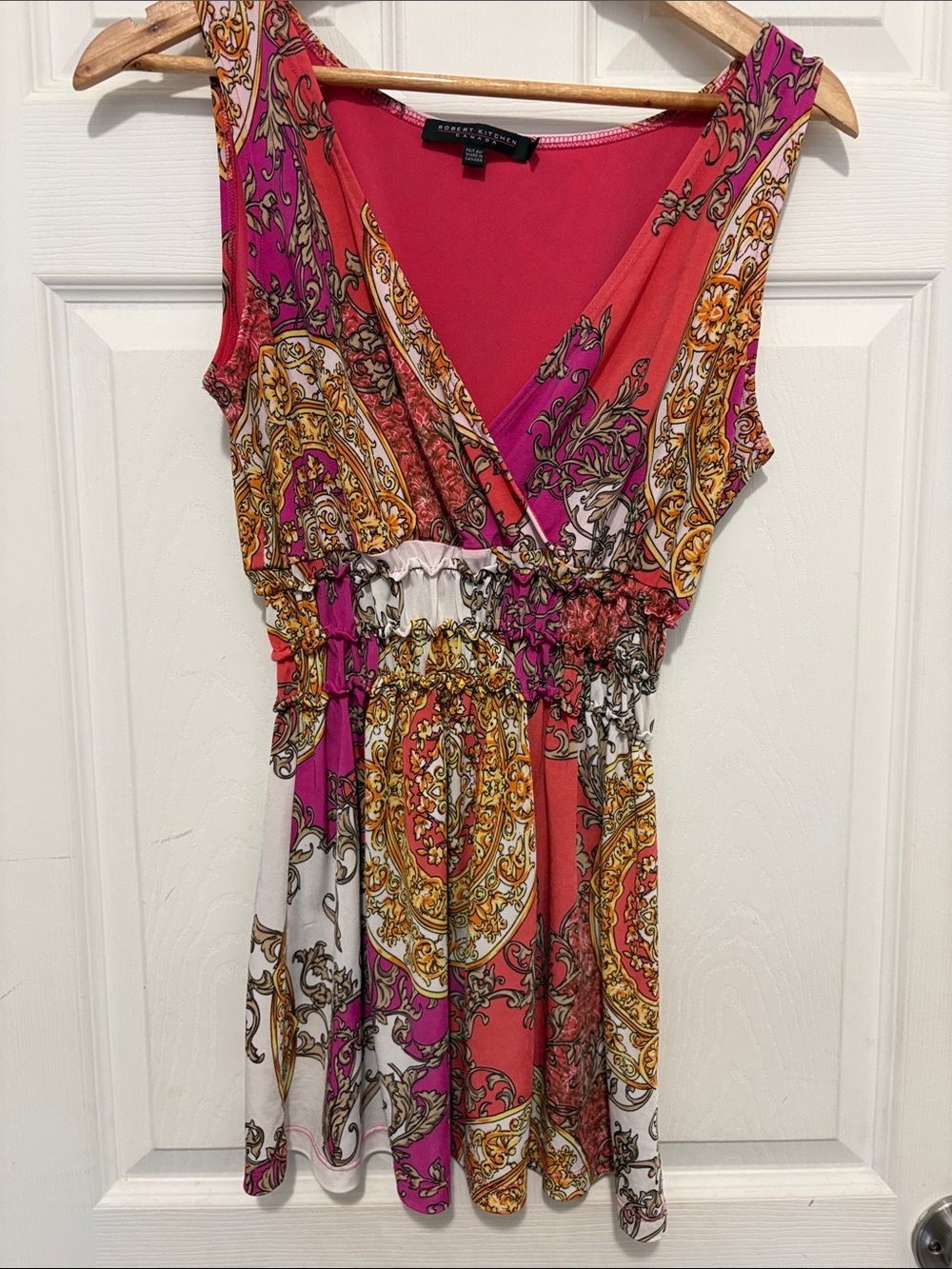Robert Kitchen Pink, Coral & Gold Paisley Sleeveless Peplum Top